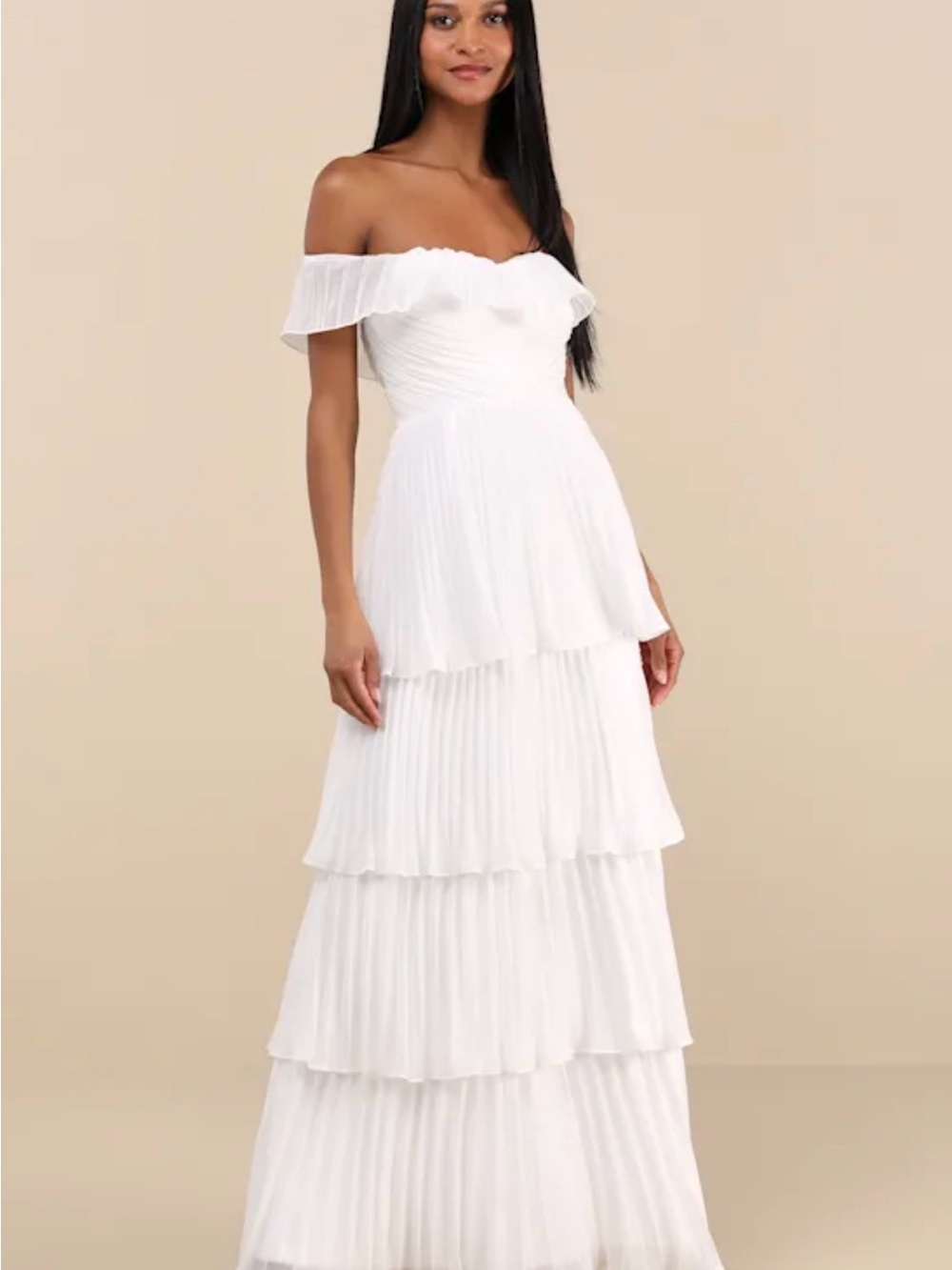 Lulu's White Off-the-Shoulder Tiered Pleated Maxi Dress